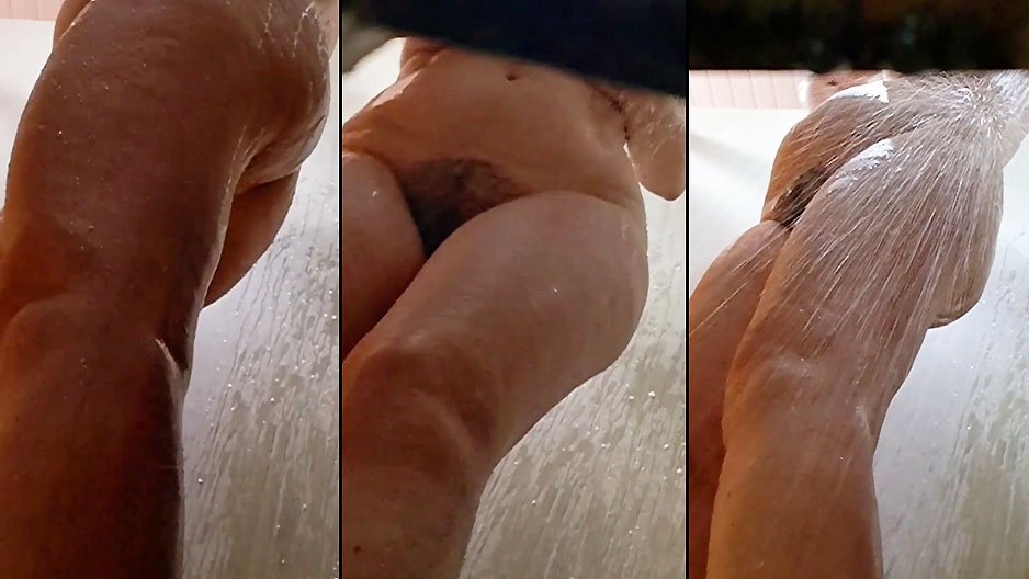 Femme poilue sous la douche du camping